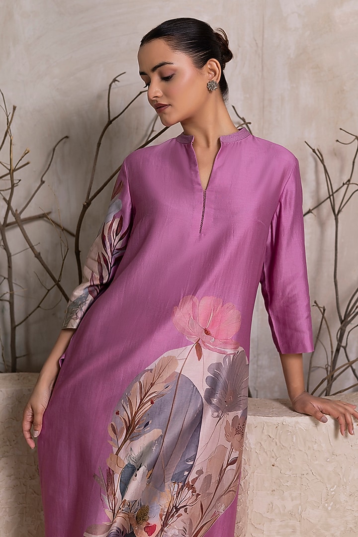 Lavender Silk Chanderi Digital Printed Tunic Set by Haute Mess at Pernia's Pop Up Shop