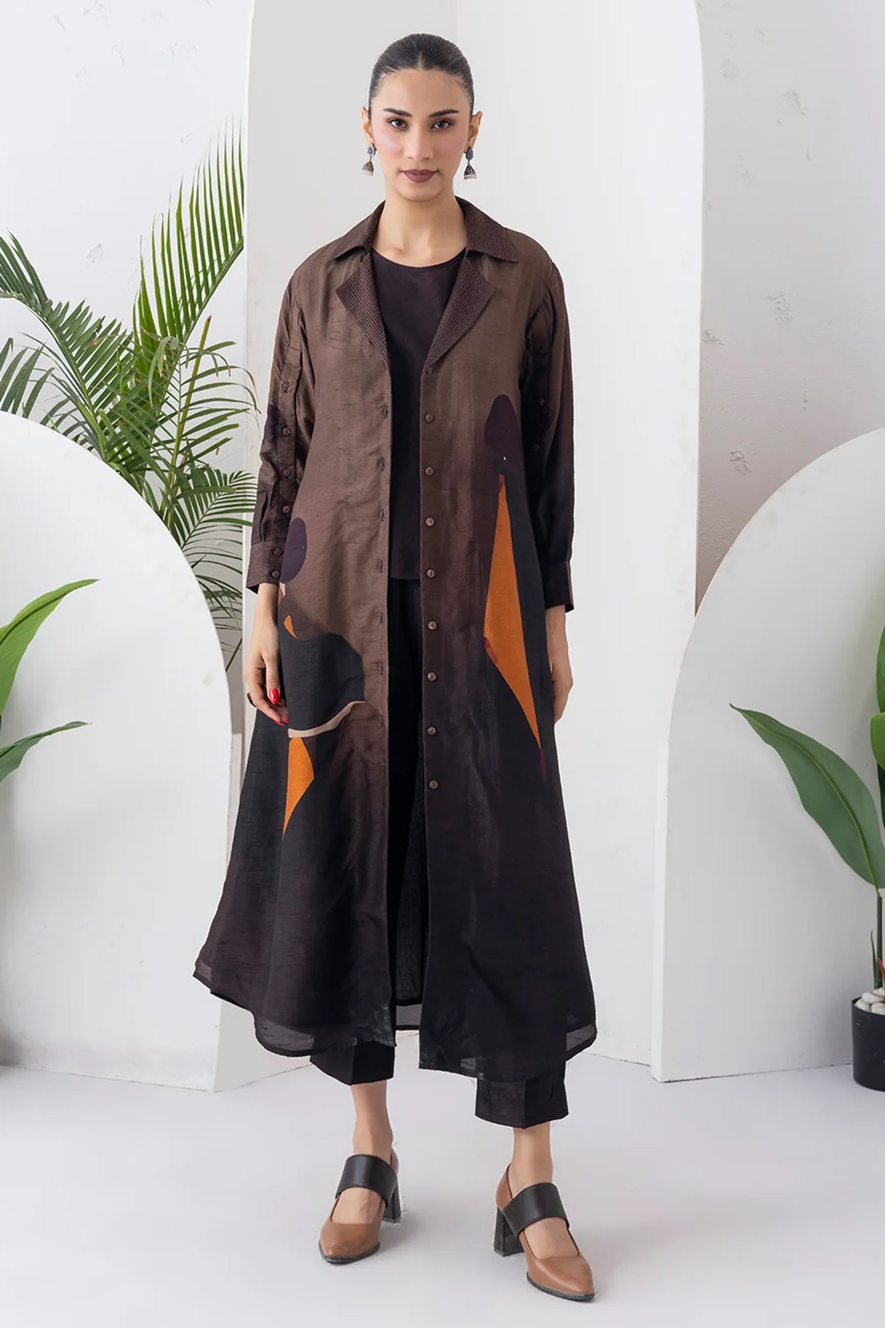 Haute Mess Brown Viscose Dupion Digital Printed Jacket Set