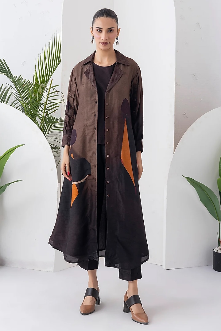 Brown Viscose Dupion Digital Printed Jacket Set by Haute Mess at Pernia's Pop Up Shop