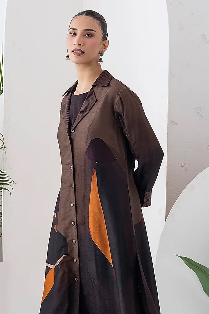 Brown Viscose Dupion Digital Printed Jacket Set by Haute Mess at Pernia's Pop Up Shop