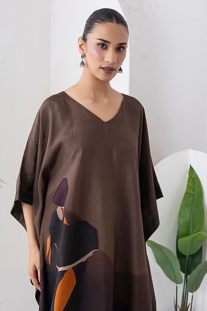 Brown Viscose Dupion Digital Printed Kaftan Set by Haute Mess at Pernia's Pop Up Shop