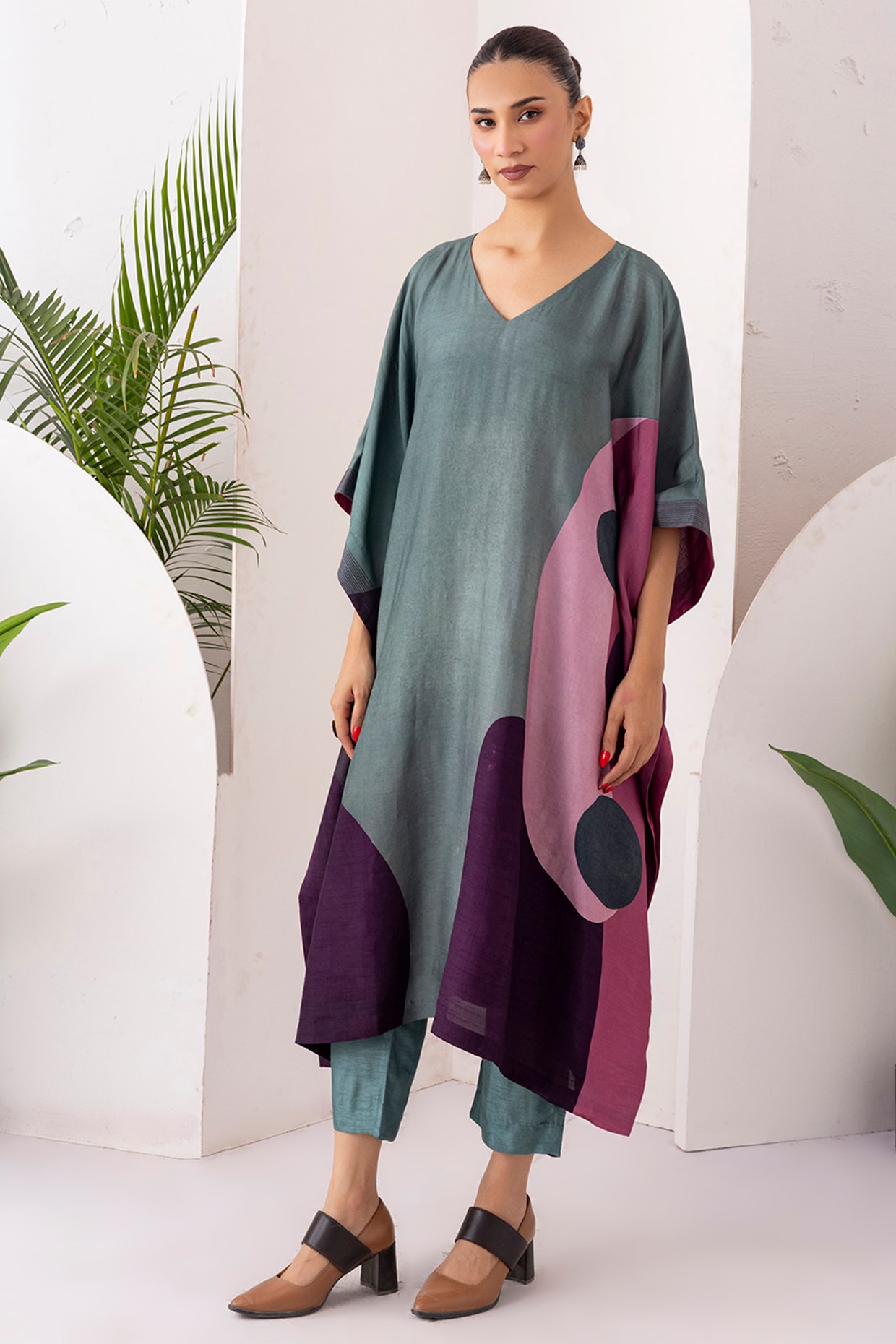 Haute Mess Sage Green Salmon Pink Viscose Dupion Digital Printed Kaftan Set