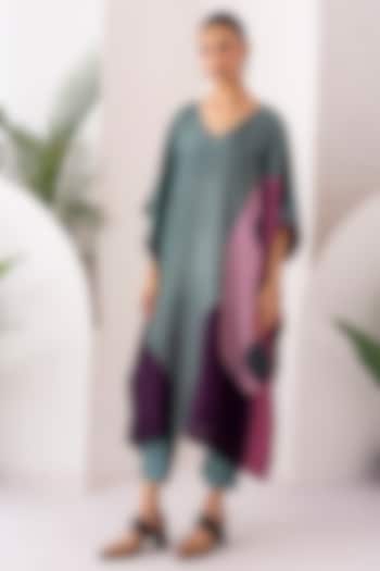 Sage Green Salmon Pink Viscose Dupion Digital Printed Kaftan Set by Haute Mess at Pernia's Pop Up Shop