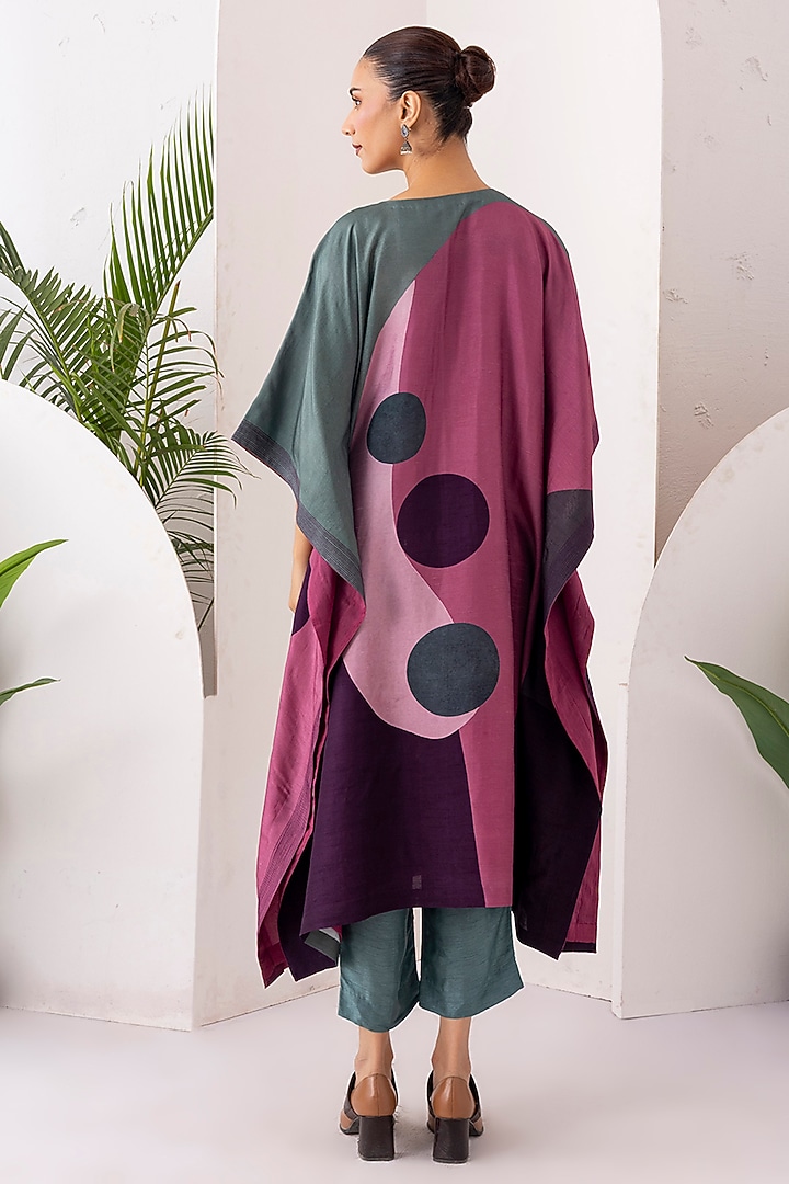 Sage Green Salmon Pink Viscose Dupion Digital Printed Kaftan Set by Haute Mess at Pernia's Pop Up Shop