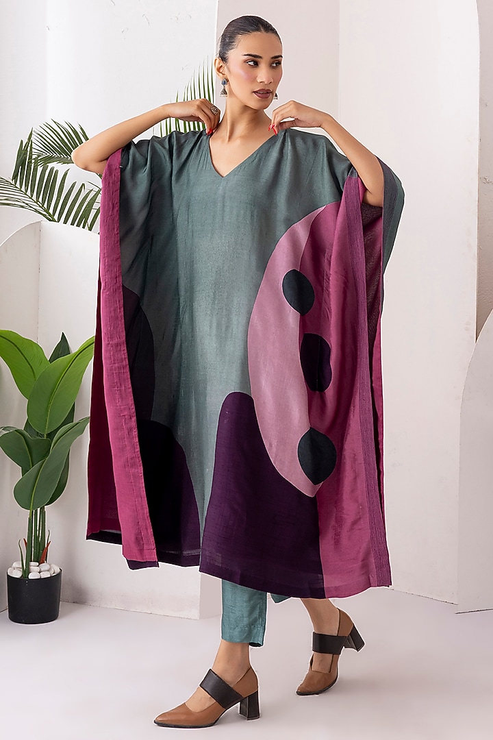 Sage Green Salmon Pink Viscose Dupion Digital Printed Kaftan Set by Haute Mess at Pernia's Pop Up Shop