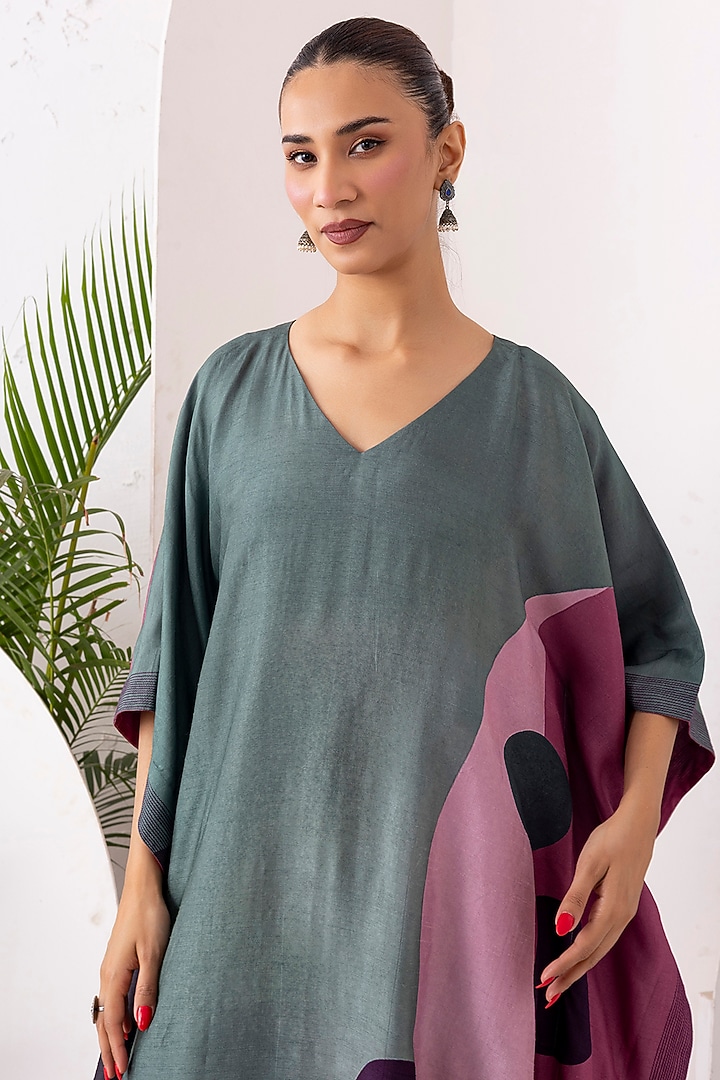Sage Green Salmon Pink Viscose Dupion Digital Printed Kaftan Set by Haute Mess at Pernia's Pop Up Shop