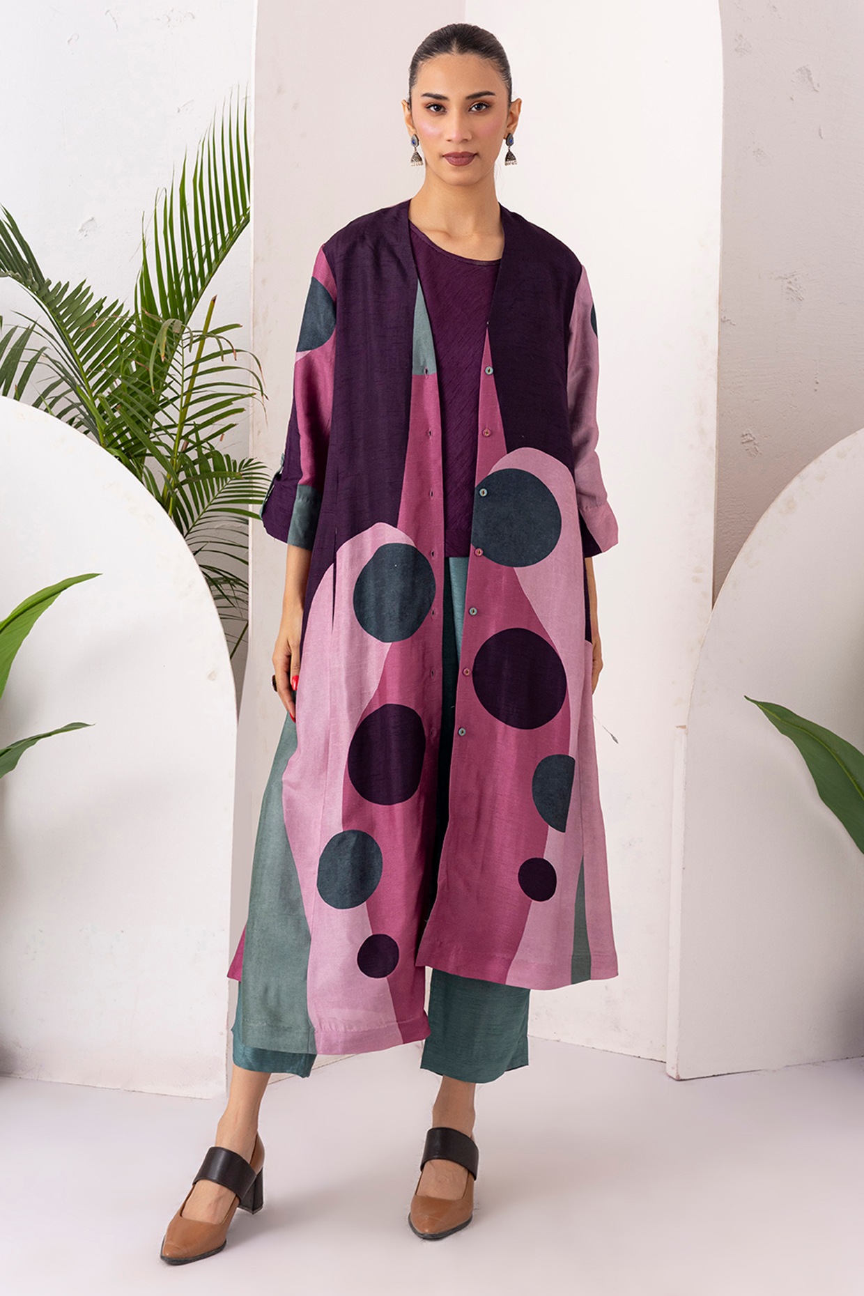 Haute Mess Salmon Pink & Wine Viscose Dupion Digital Printed Jacket Set