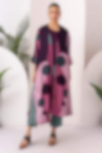 Salmon Pink & Wine Viscose Dupion Digital Printed Jacket Set by Haute Mess at Pernia's Pop Up Shop