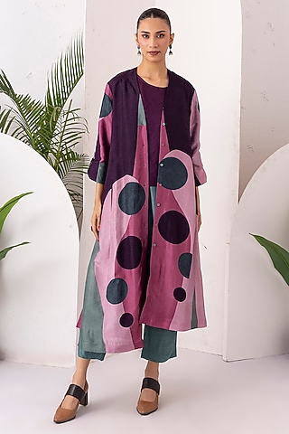 Salmon Pink & Wine Viscose Dupion Digital Printed Jacket Set by Haute Mess
