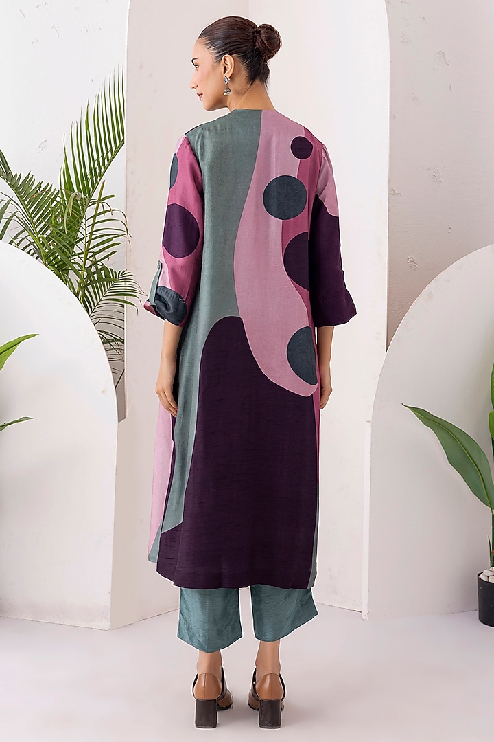 Salmon Pink & Wine Viscose Dupion Digital Printed Jacket Set by Haute Mess at Pernia's Pop Up Shop