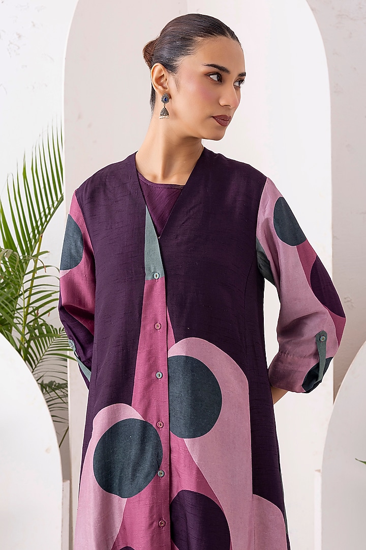 Salmon Pink & Wine Viscose Dupion Digital Printed Jacket Set by Haute Mess at Pernia's Pop Up Shop