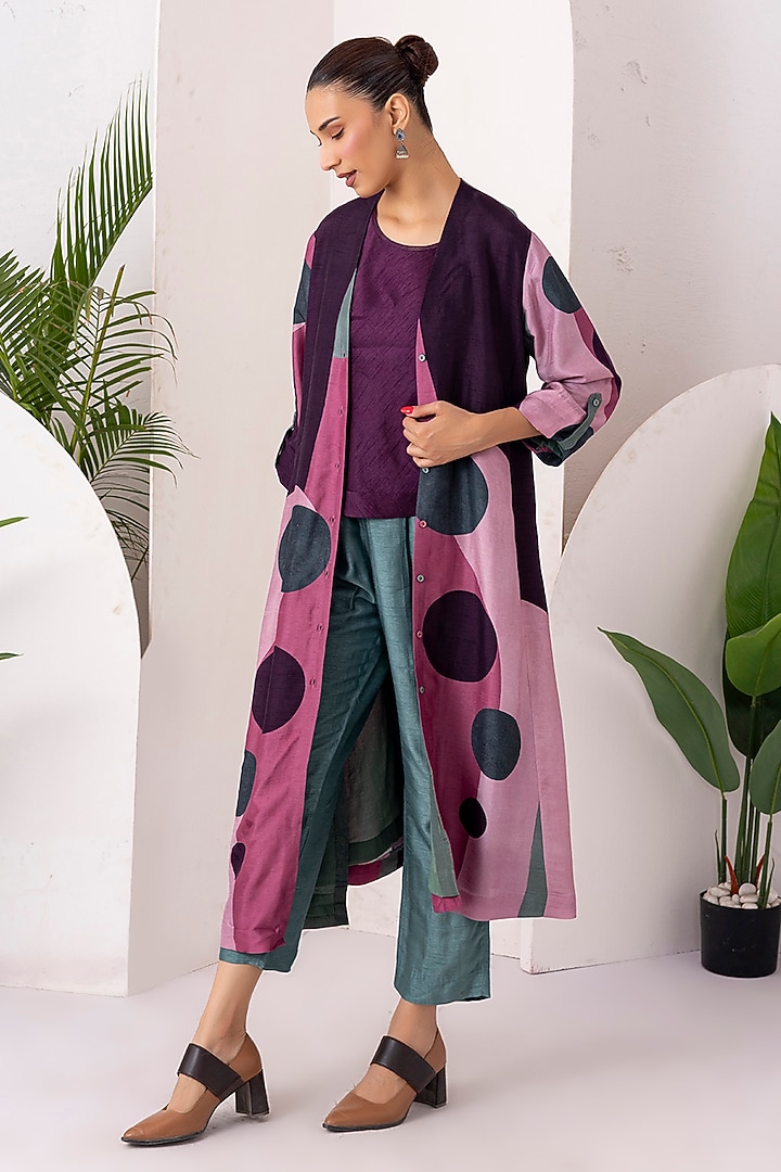 Salmon Pink & Wine Viscose Dupion Digital Printed Jacket Set by Haute Mess at Pernia's Pop Up Shop