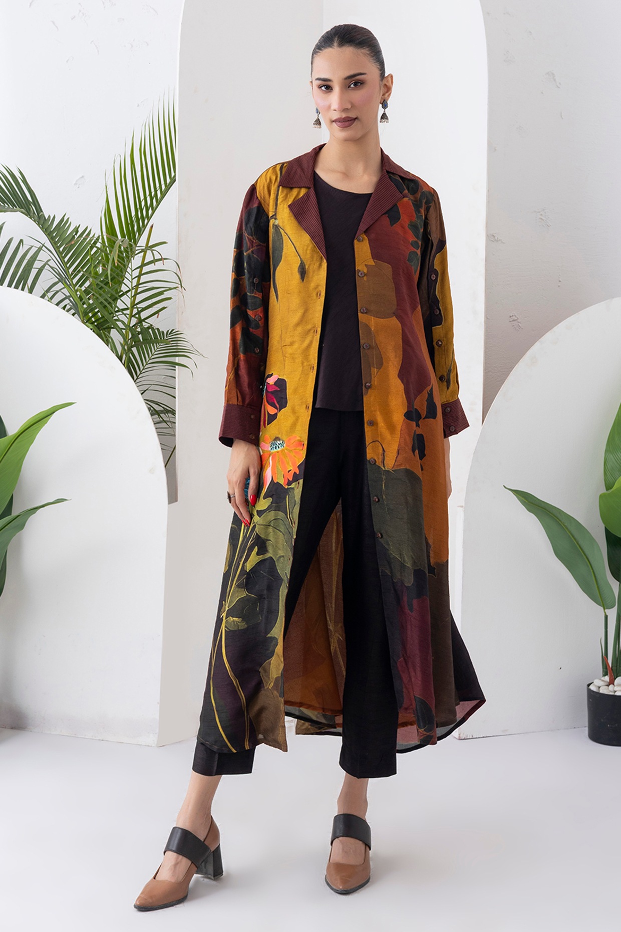 Haute Mess Mustard & Brown Viscose Dupion Digital Printed Jacket Set