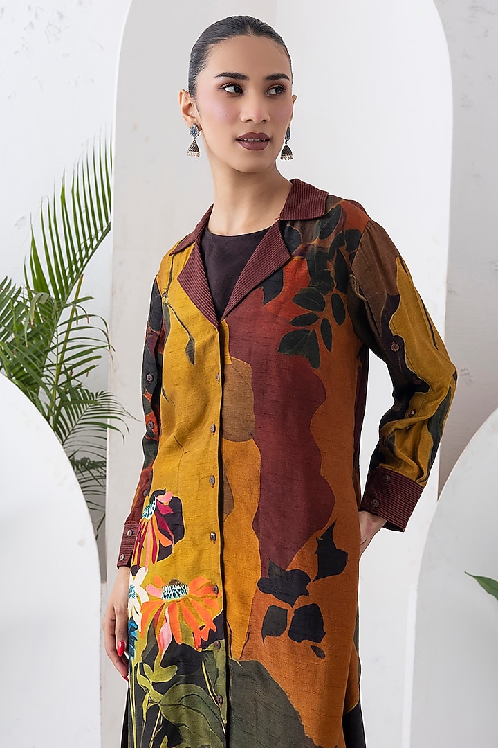 Mustard & Brown Viscose Dupion Digital Printed Jacket Set by Haute Mess at Pernia's Pop Up Shop