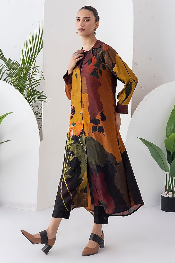 Mustard & Brown Viscose Dupion Digital Printed Jacket Set by Haute Mess at Pernia's Pop Up Shop