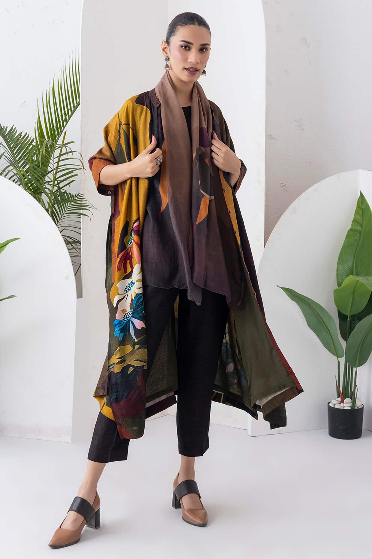 Haute Mess Mustard Brown Viscose Dupion Digital Printed Jacket Set