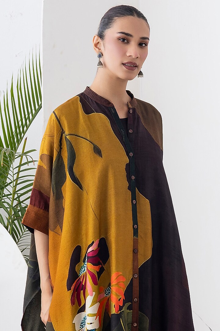 Mustard Brown Viscose Dupion Digital Printed Jacket Set by Haute Mess at Pernia's Pop Up Shop