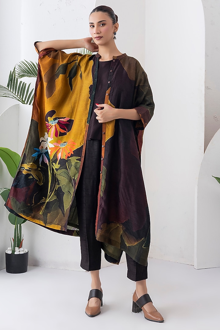 Mustard Brown Viscose Dupion Digital Printed Jacket Set by Haute Mess at Pernia's Pop Up Shop