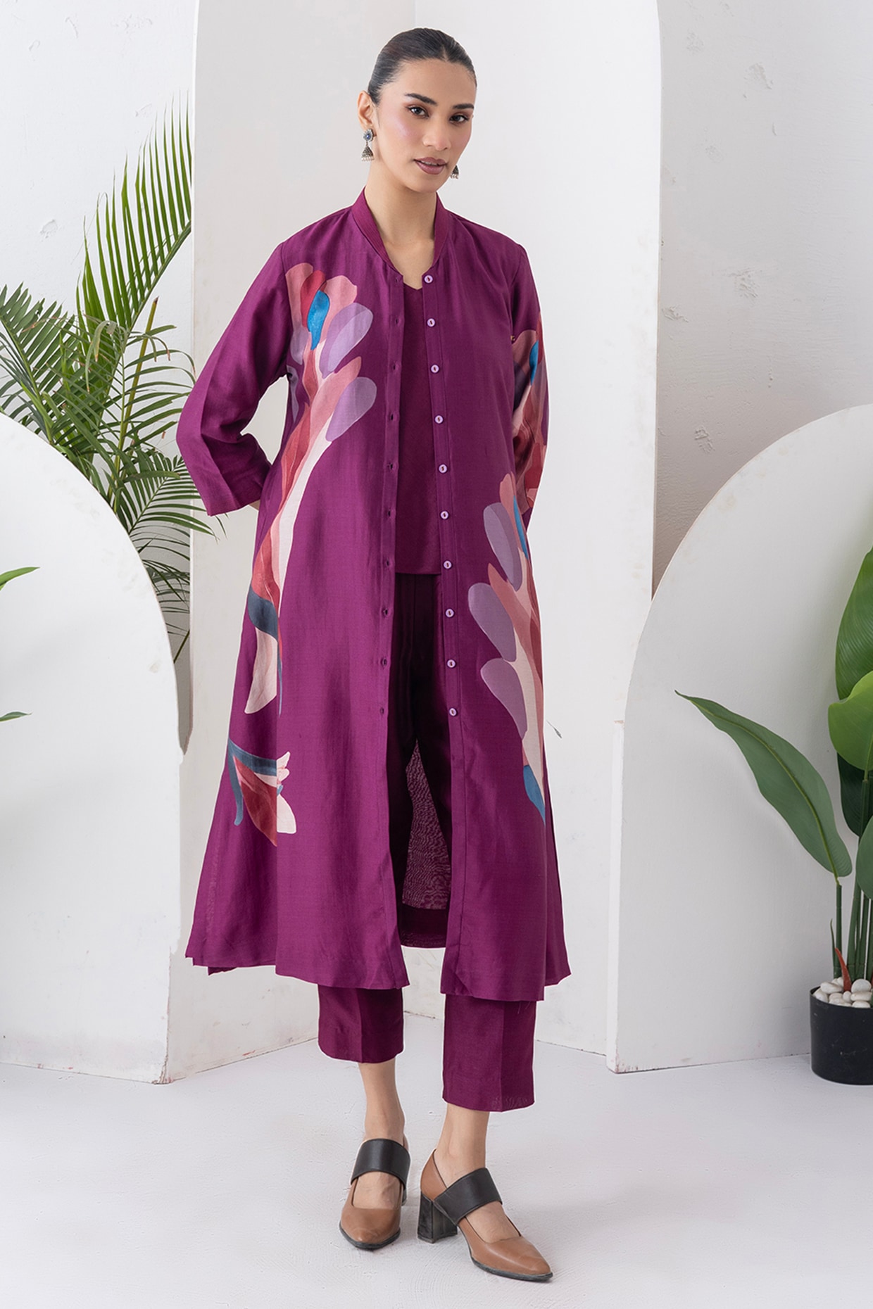 Haute Mess Wine Silk Chanderi Digital Printed Jacket Set