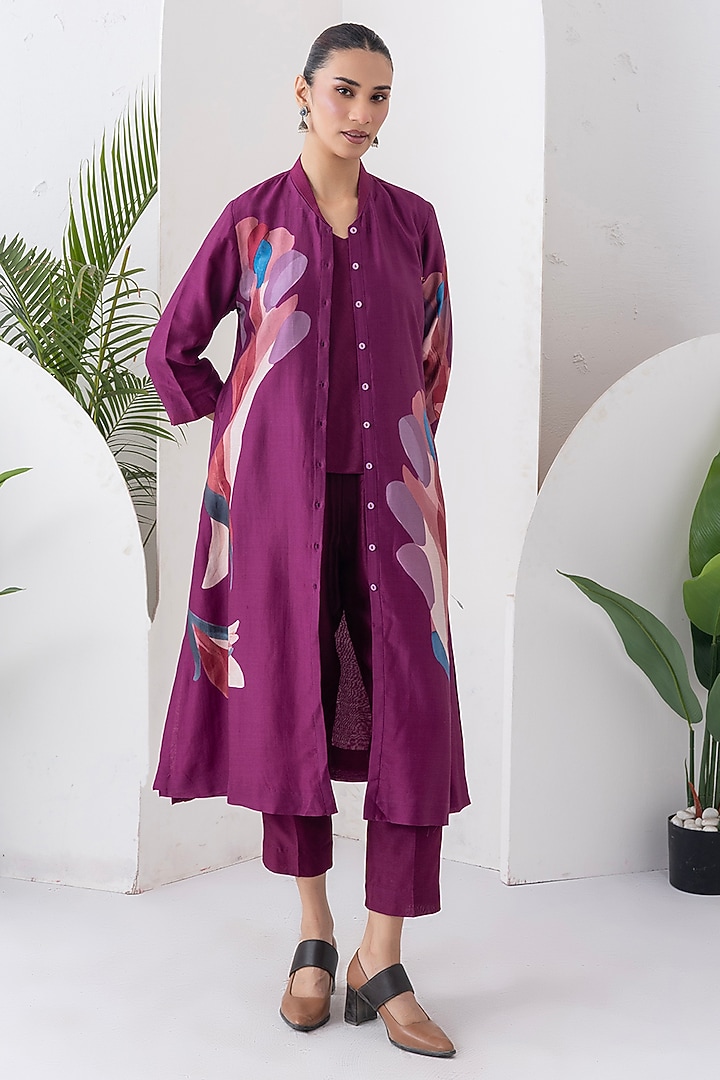 Wine Silk Chanderi Digital Printed Jacket Set by Haute Mess at Pernia's Pop Up Shop