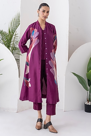 Wine Silk Chanderi Digital Printed Jacket Set by Haute Mess