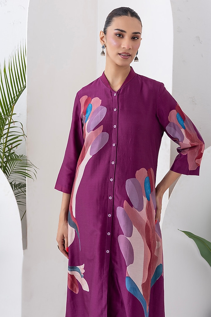 Wine Silk Chanderi Digital Printed Jacket Set by Haute Mess at Pernia's Pop Up Shop