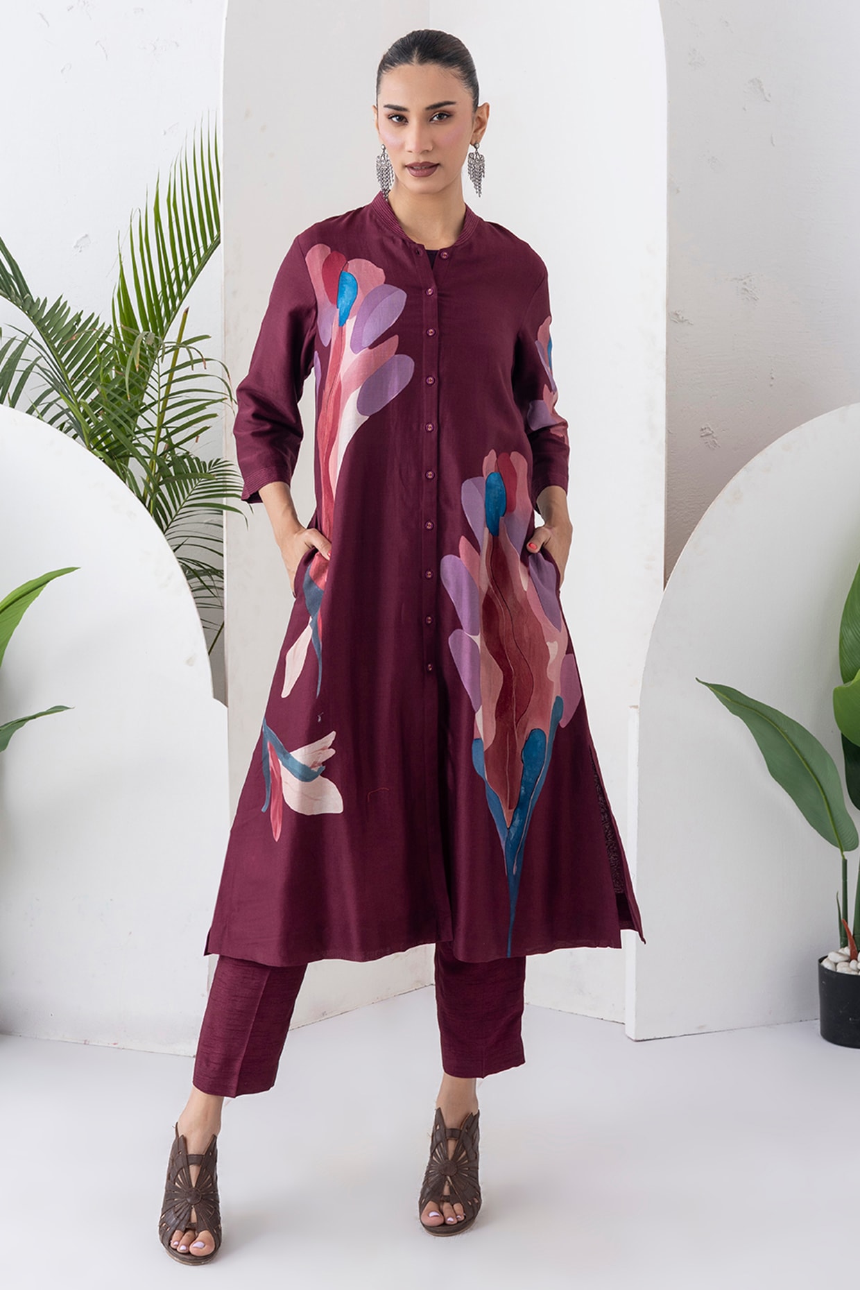 Haute Mess Chocolate Brown Silk Chanderi Digital Printed Jacket Set