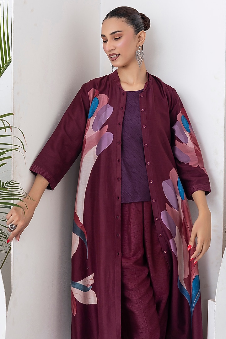 Chocolate Brown Silk Chanderi Digital Printed Jacket Set by Haute Mess at Pernia's Pop Up Shop