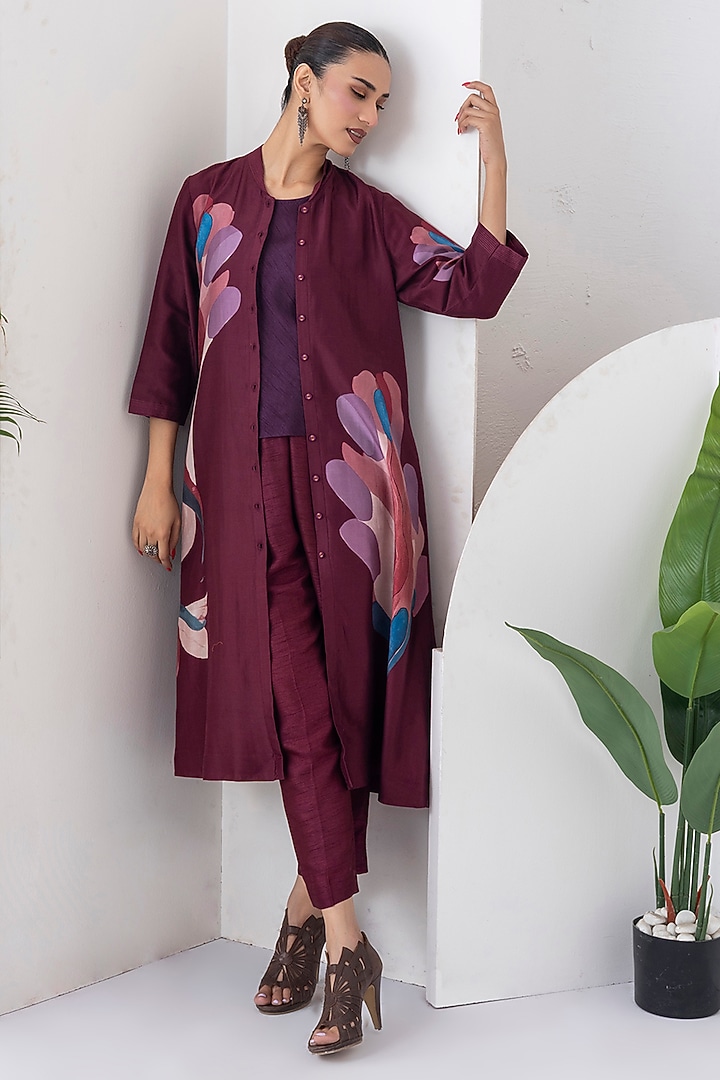 Chocolate Brown Silk Chanderi Digital Printed Jacket Set by Haute Mess at Pernia's Pop Up Shop