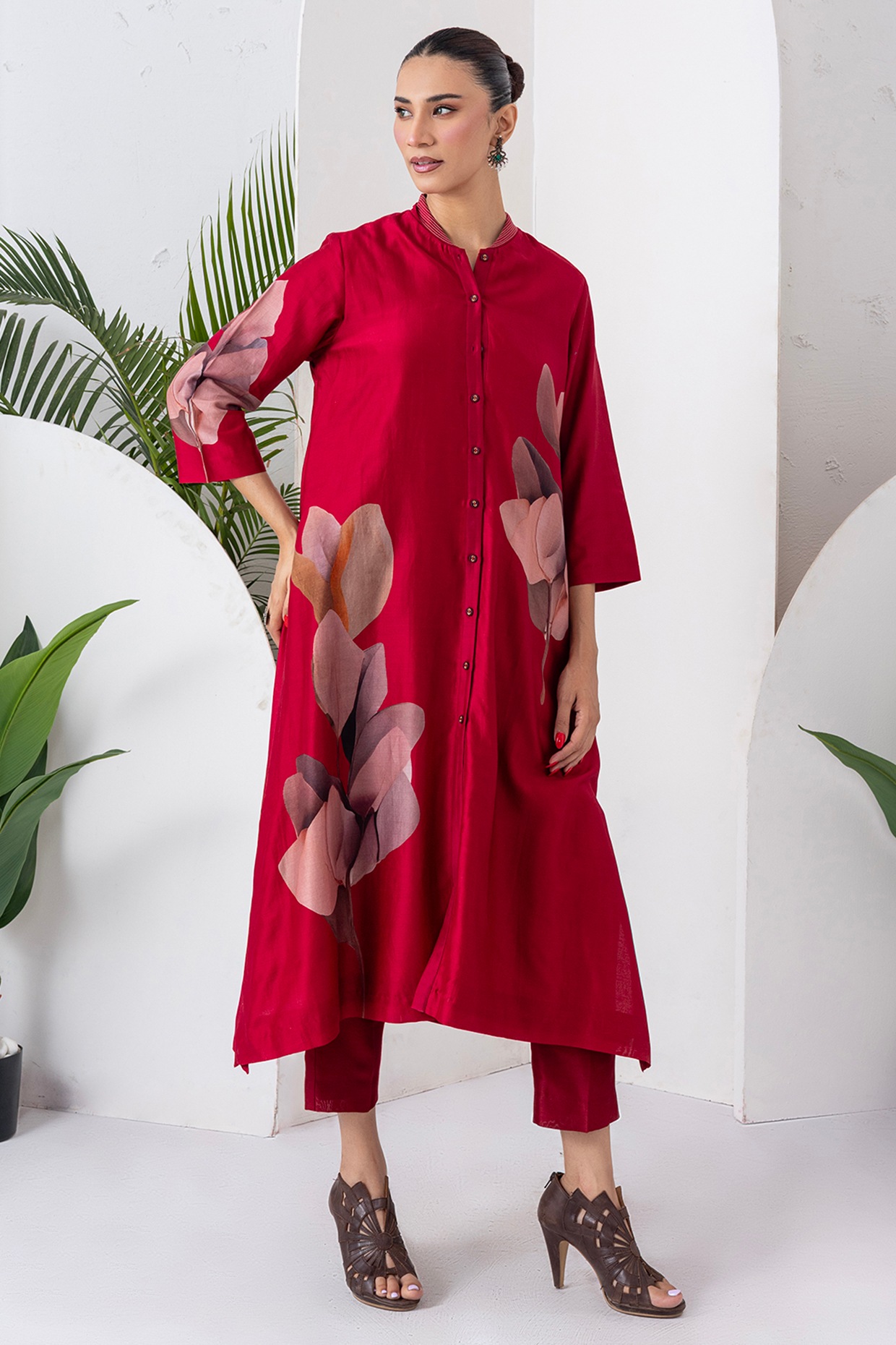 Haute Mess Maroon Silk Chanderi Digital Printed Jacket Set