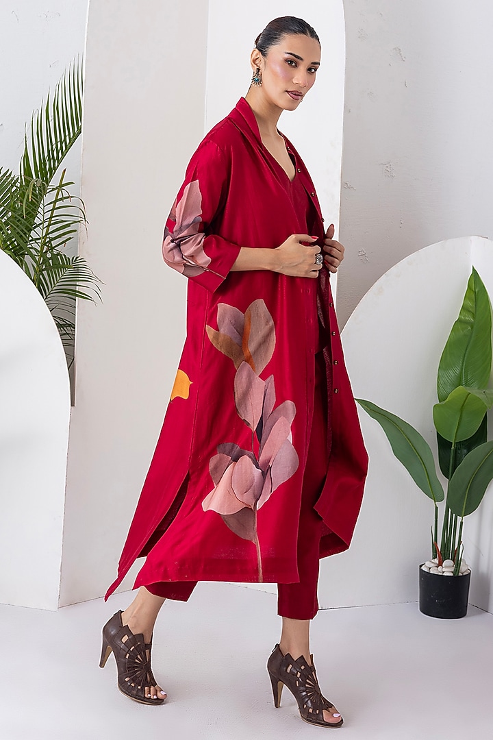 Maroon Silk Chanderi Digital Printed Jacket Set by Haute Mess at Pernia's Pop Up Shop