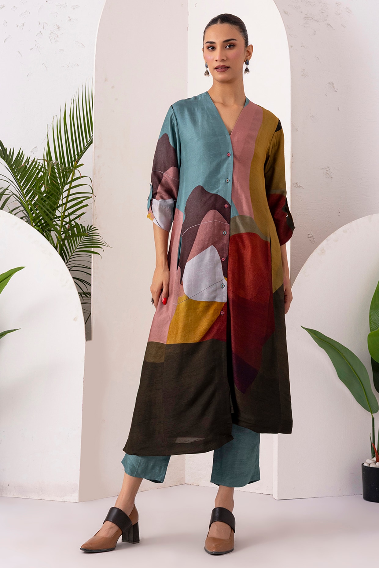 Haute Mess Multi-Coloured Viscose Dupion Digital Printed Kaftan Set