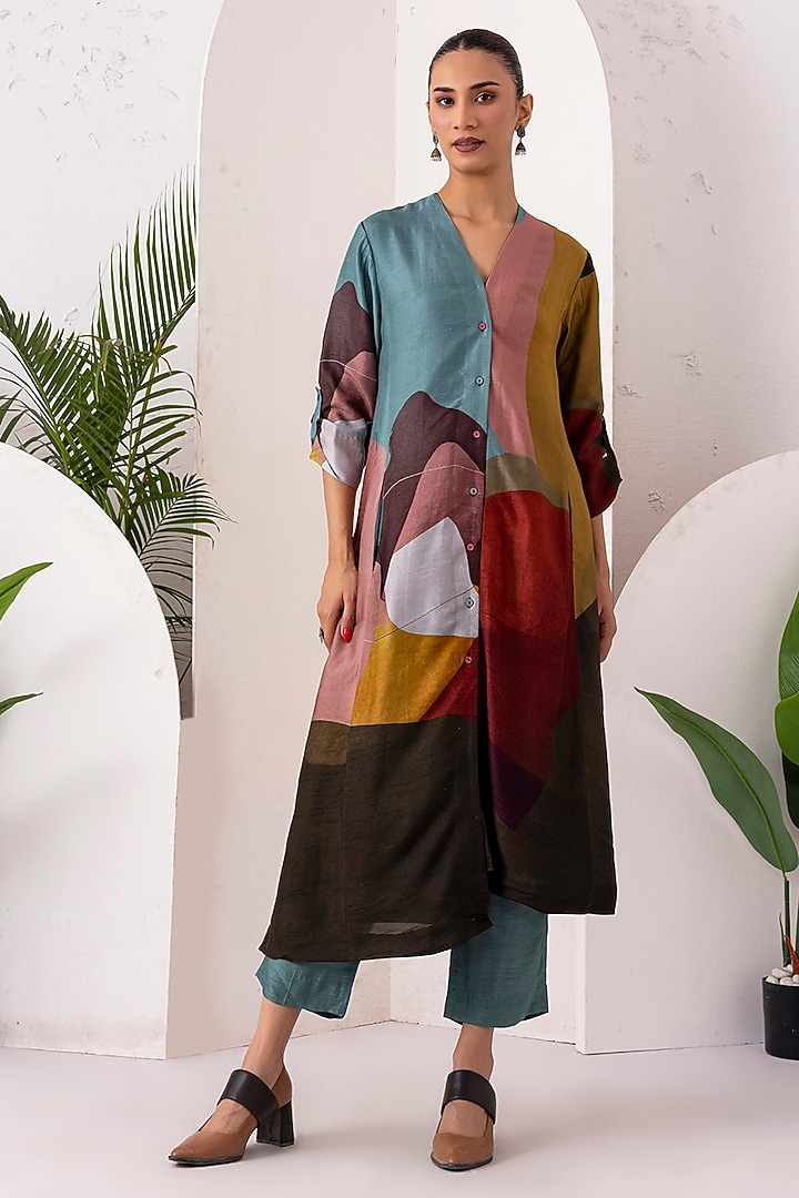 Multi-Coloured Viscose Dupion Digital Printed Kaftan Set by Haute Mess at Pernia's Pop Up Shop