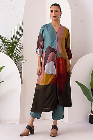 Multi-Coloured Viscose Dupion Digital Printed Kaftan Set by Haute Mess
