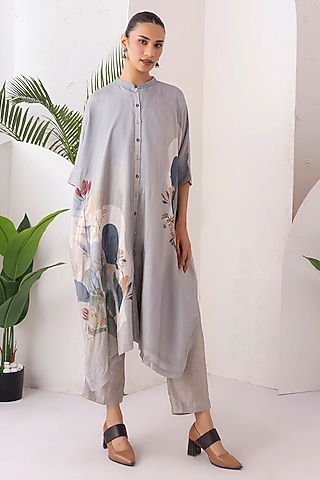 Grey Viscose Dupion Digital Printed Jacket Set by Haute Mess