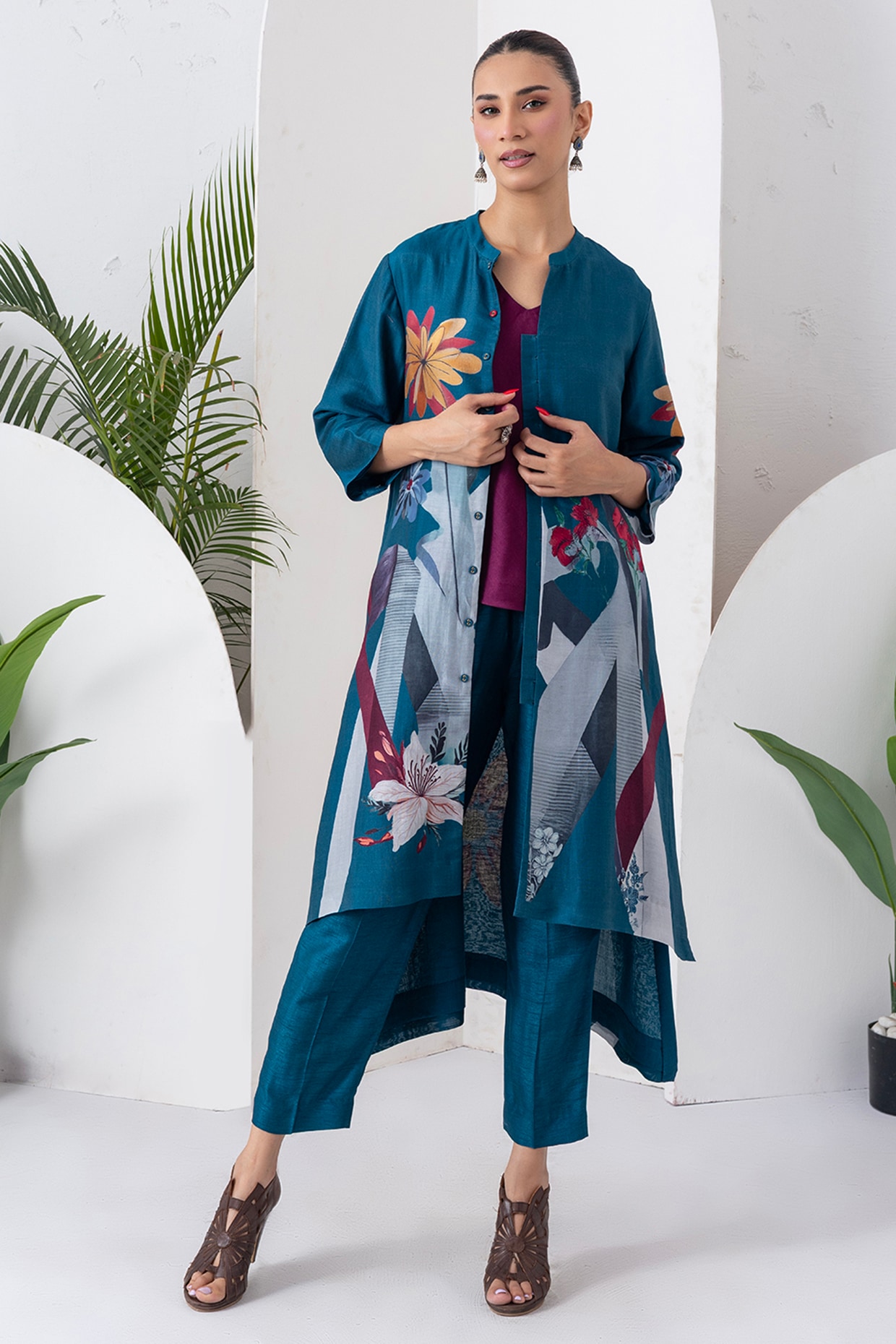 Haute Mess Indigo Silk Chanderi Digital Printed Jacket Set