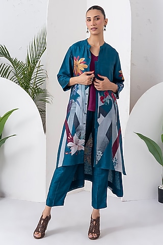 Indigo Silk Chanderi Digital Printed Jacket Set by Haute Mess