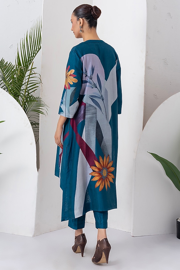 Indigo Silk Chanderi Digital Printed Jacket Set by Haute Mess at Pernia's Pop Up Shop