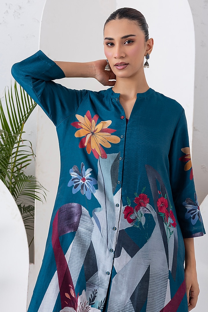 Indigo Silk Chanderi Digital Printed Jacket Set by Haute Mess at Pernia's Pop Up Shop
