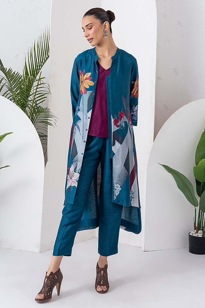Indigo Silk Chanderi Digital Printed Jacket Set by Haute Mess at Pernia's Pop Up Shop