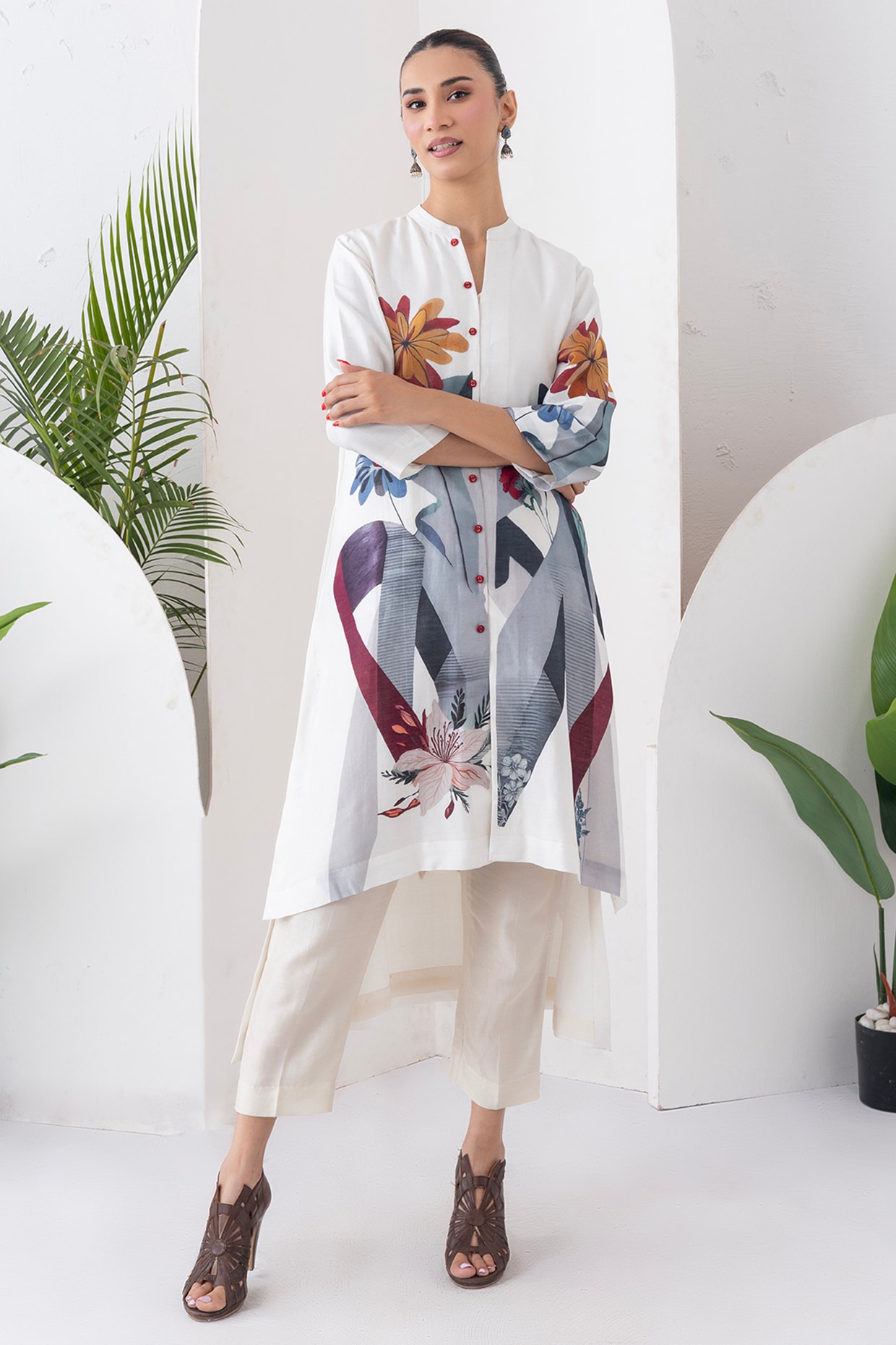 Haute Mess Ivory Silk Chanderi Digital Printed Jacket Set
