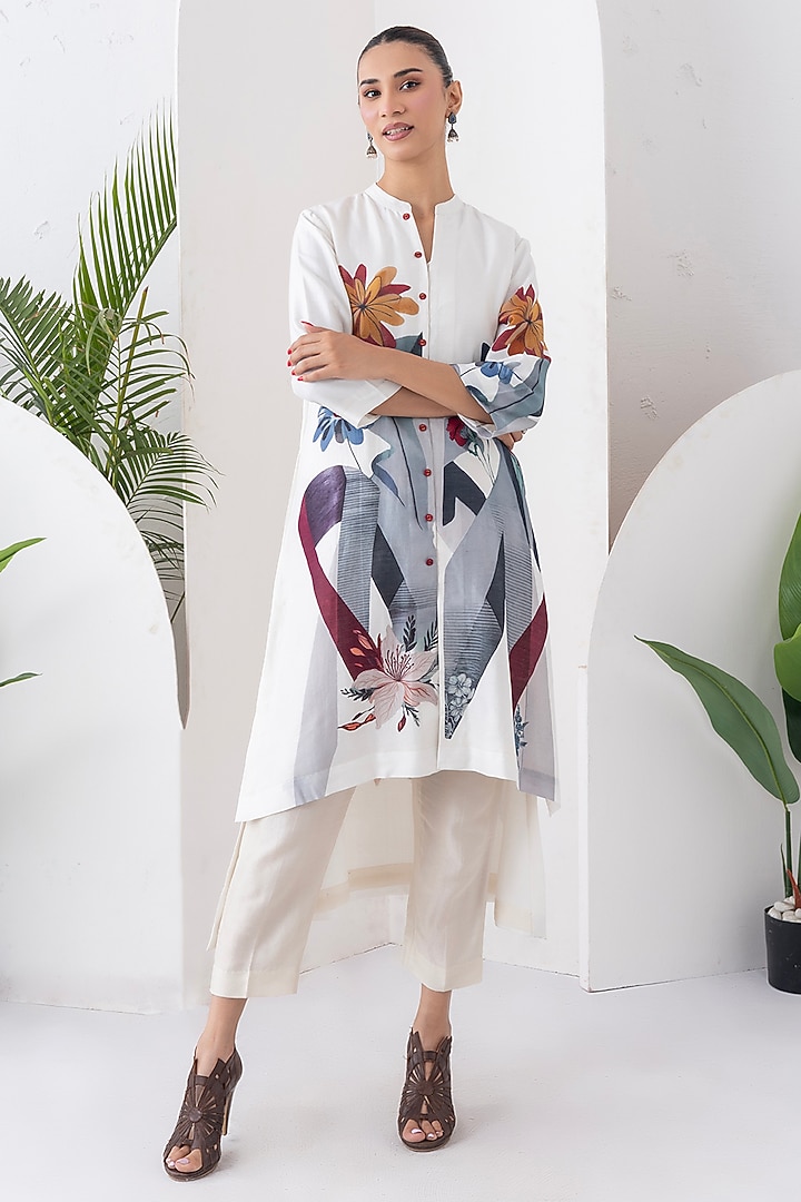 Ivory Silk Chanderi Digital Printed Jacket Set by Haute Mess at Pernia's Pop Up Shop