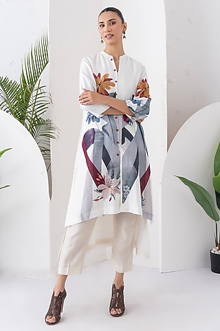Ivory Silk Chanderi Digital Printed Jacket Set by Haute Mess