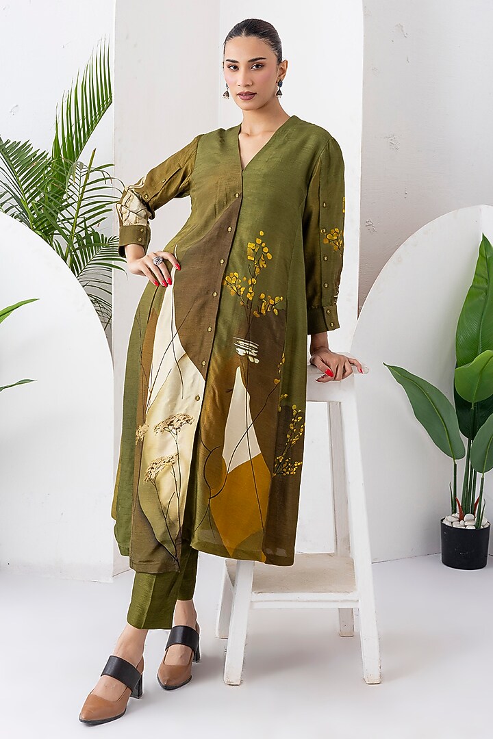 Moss Green Viscose Dupion Printed Digital Printed Kaftan Set by Haute Mess at Pernia's Pop Up Shop