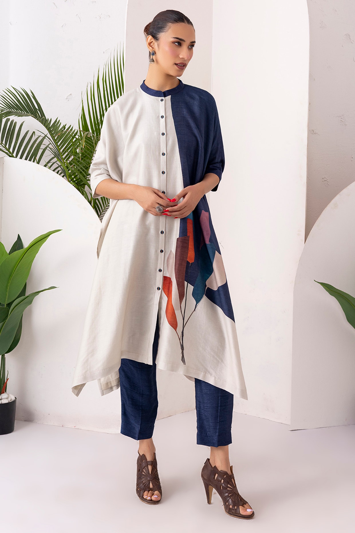Haute Mess Blue & Ivory Silk Chanderi Digital Printed Jacket Set