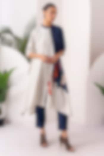 Blue & Ivory Silk Chanderi Digital Printed Jacket Set by Haute Mess at Pernia's Pop Up Shop