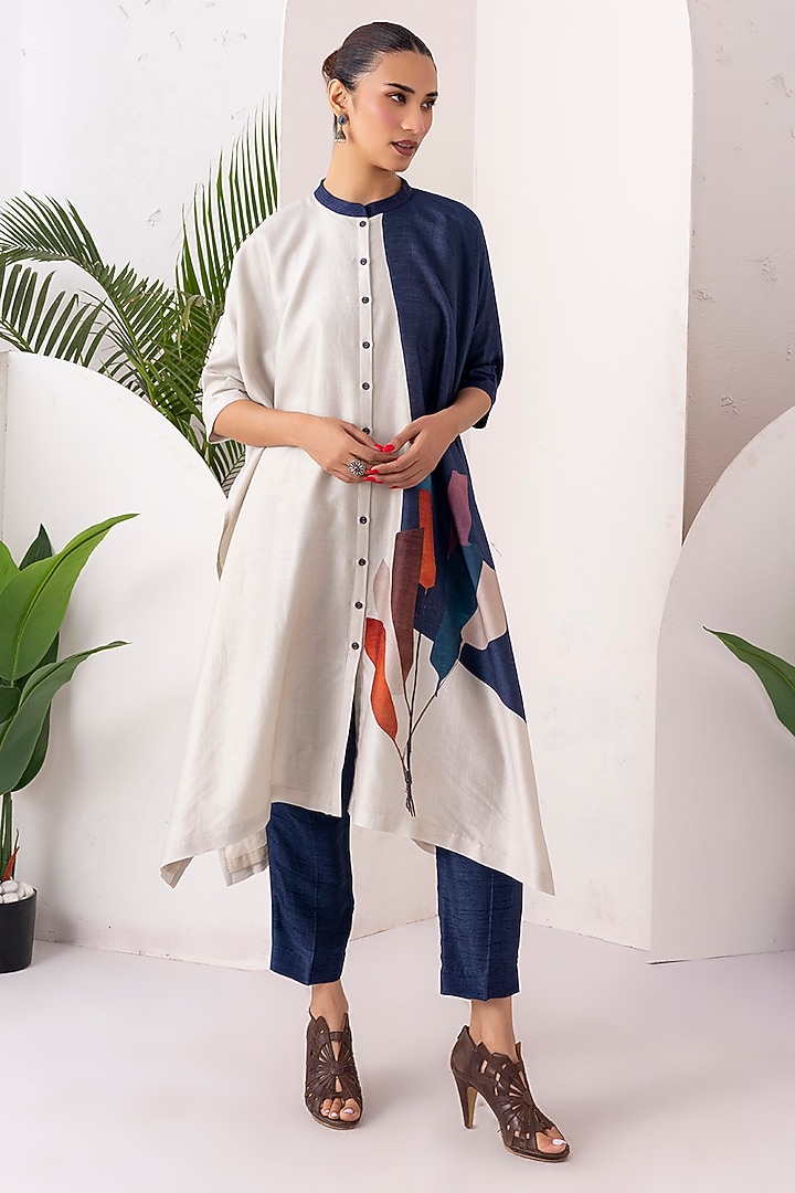 Blue & Ivory Silk Chanderi Digital Printed Jacket Set by Haute Mess at Pernia's Pop Up Shop