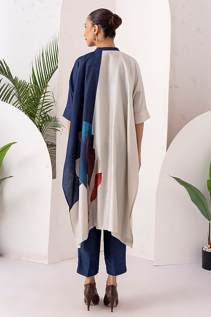 Blue & Ivory Silk Chanderi Digital Printed Jacket Set by Haute Mess at Pernia's Pop Up Shop