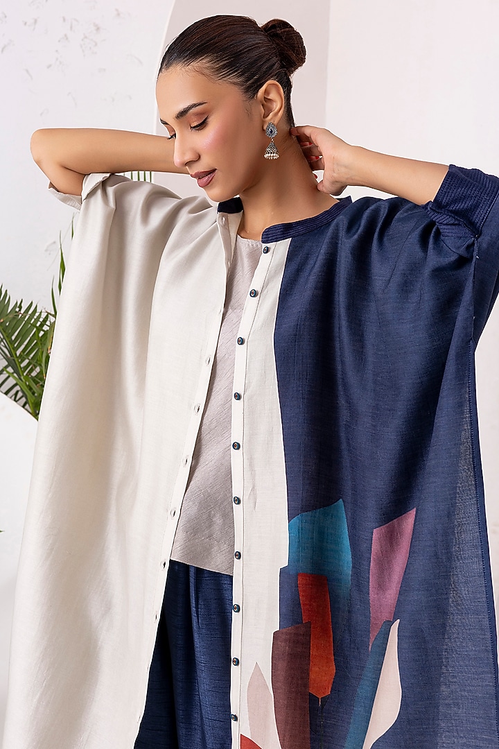 Blue & Ivory Silk Chanderi Digital Printed Jacket Set by Haute Mess at Pernia's Pop Up Shop