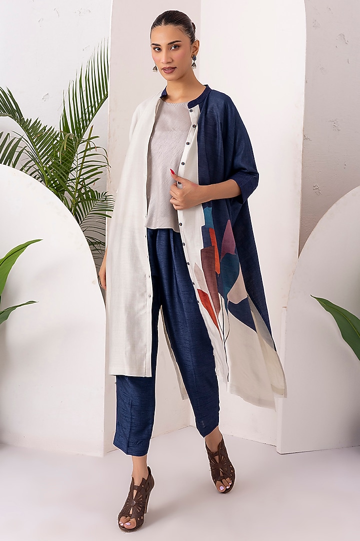 Blue & Ivory Silk Chanderi Digital Printed Jacket Set by Haute Mess at Pernia's Pop Up Shop